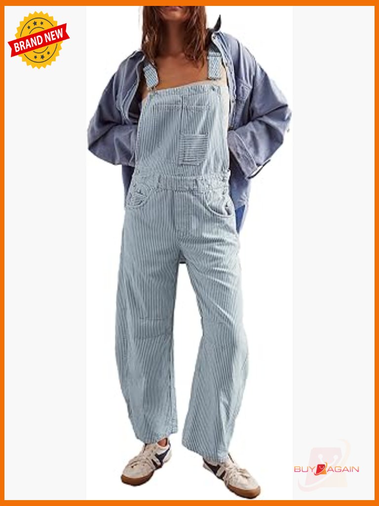 Womens Striped Bib Overall Barrel Casual Baggy Jumpsuit Adjustable Wide Leg